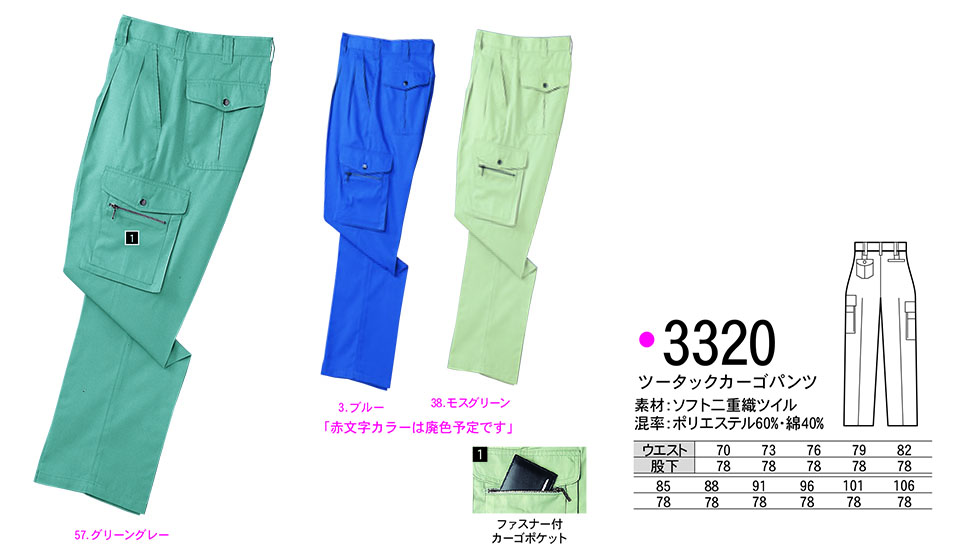 NAKATSUKA (中塚被服)　春・夏用作業服(ワークウェア)　3320/ツータックカーゴパンツ