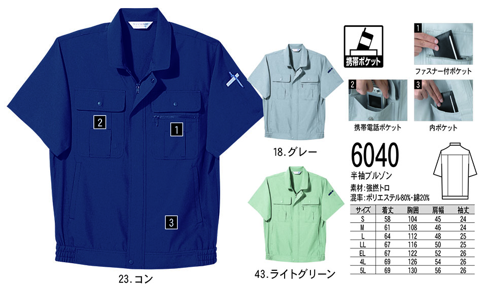 NAKATSUKA (中塚被服)　春・夏用作業服(ワークウェア)　6040/半袖ブルゾン